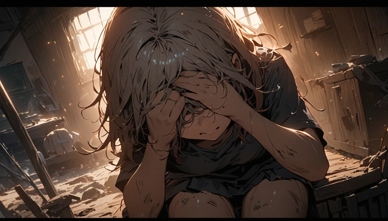 (A dirty woman sitting on a chair in a dilapidated house, her wet disheveled hair covering her eyes, wearing a detailed bodycon shirt and pleated skirt, high angle view, close-up, damaged, hand-drawn, cinematic lighting, extremely detailed, white, brown, red, perfect composition, masterpiece, best quality, 4k, sharp focus, perfect anatomy)