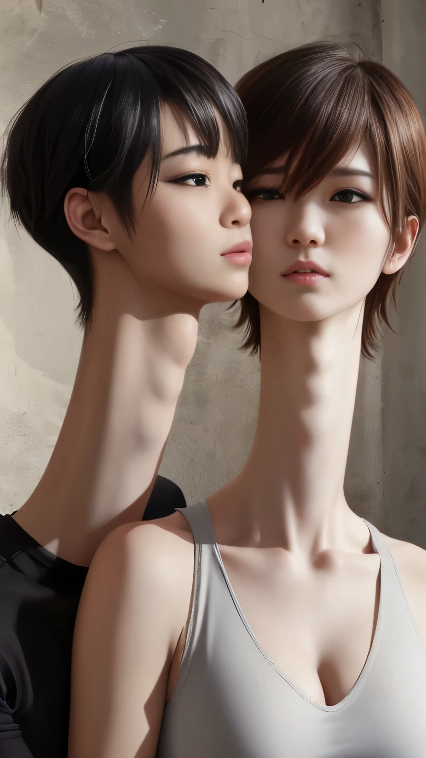 (ultra realistic, highly detailed:1.4), best quality, two androgynous korean girls, nuzzling, short messy hair, (longneck:1.4)