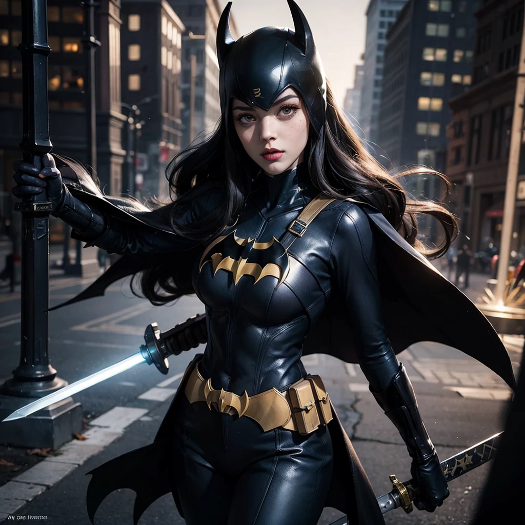 Batgirl with a light sword in her hands