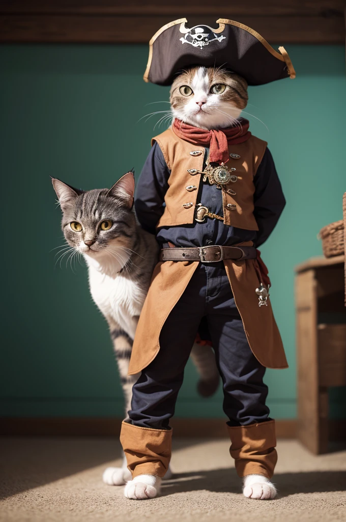 An image of a cat in pirate clothes, he has human posture
