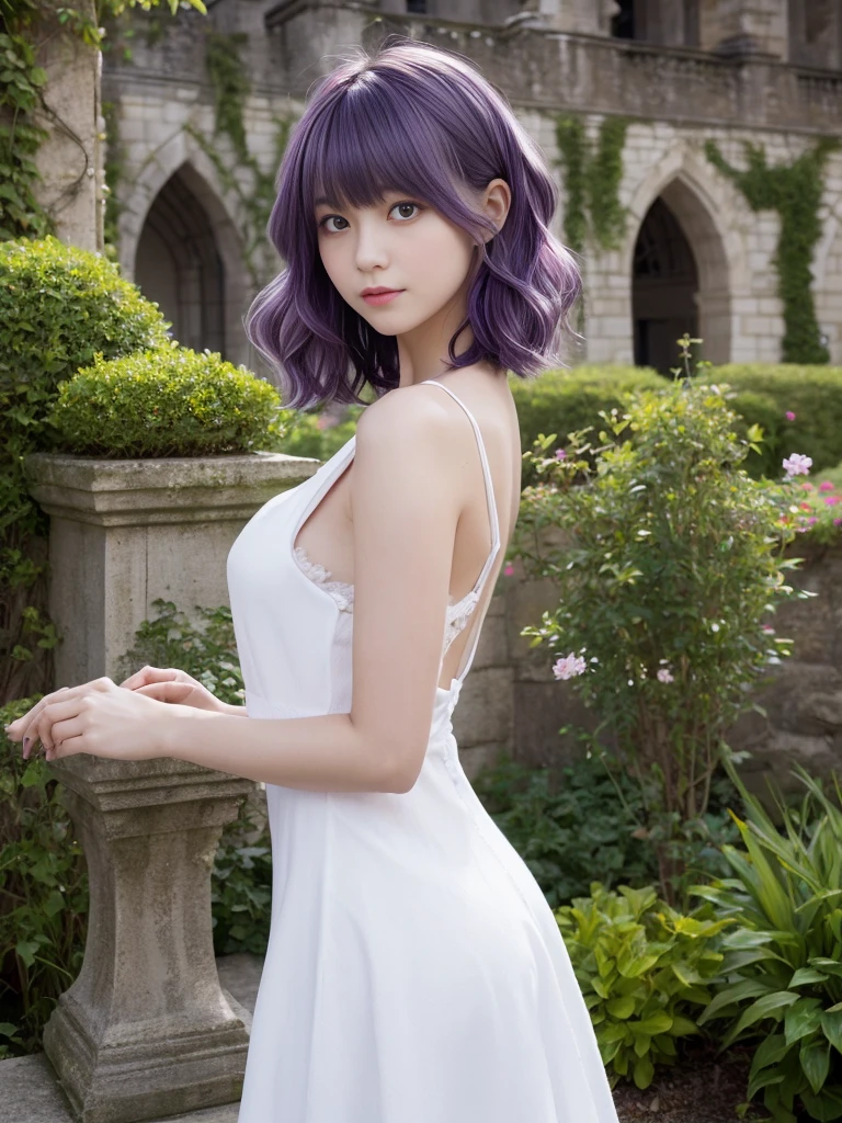 (Highest quality, Very detailed, masterpiece:1.2), 1 female, Very thin body, length, Thin legs, ((Purple-hair-color wavy short hair:1.2)), ((Thick and fluffy bangs)), full body,Very detailedな顔,A faint smile, small, Thin Nose, small thin mouth, Japanese, Beautiful Face, Realistic eyes, Beautiful and beautiful eyes, Realistic Skin, Beautiful Skin, charm, (Lively Faces), Beautiful Hairstyles,((Victoria-nwhite- Dress)), Gothic design, Creepy and unique hairstyles, High resolution, Vibrant color palette,(dynamic-pose,from side,arched back),Old castle in the background, weird lighting, and a small, old castle in the background,
