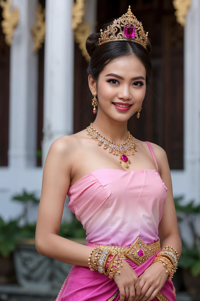 (masterpiece), best quality, ultra high res, , (princess:1.3), standing, (NSFW), lace underwear, beautiful face,( thailand tradition house:1.3),,(cute girl:1.3), ( thai ombre magenta pink detailed traditional dress:1.3),(traditional body strap:1.2) big ,detailed background , gloves, hair bun, , big hair_ornament, ear ornaments, ear peice, ear jewelries, big crown, big jewelry, hair_stick, jewelry, necklace, bracelets, arms jewelry, (seductive:1.3), ( looking at viewer:1.5) , ocean,flowers, beautiful day, close eyes, enjoying the breeze ,beautiful smile, big