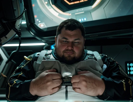 Close UP of intergalactic ship using thrusters to reach the speed of light in the universe ,The captain of the astronauts is a plump, chubby man, extremely thick thighs, a large belly, fat. Passing inside the spaceship laboratory , he checks an analysis under the microscope. His arms are holding digital analysis devices. He wears a spacesuit. A humanoid creature similar to a lizard and fish talks to the astronaut.