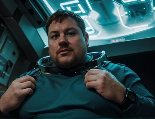 Close UP of intergalactic ship using thrusters to reach the speed of light in the universe ,The captain of the astronauts is a plump, chubby man, extremely thick thighs, a large belly, fat. Passing inside the spaceship laboratory , he checks an analysis under the microscope. His arms are holding digital analysis devices. He wears a spacesuit. A humanoid creature similar to a lizard and fish talks to the astronaut.