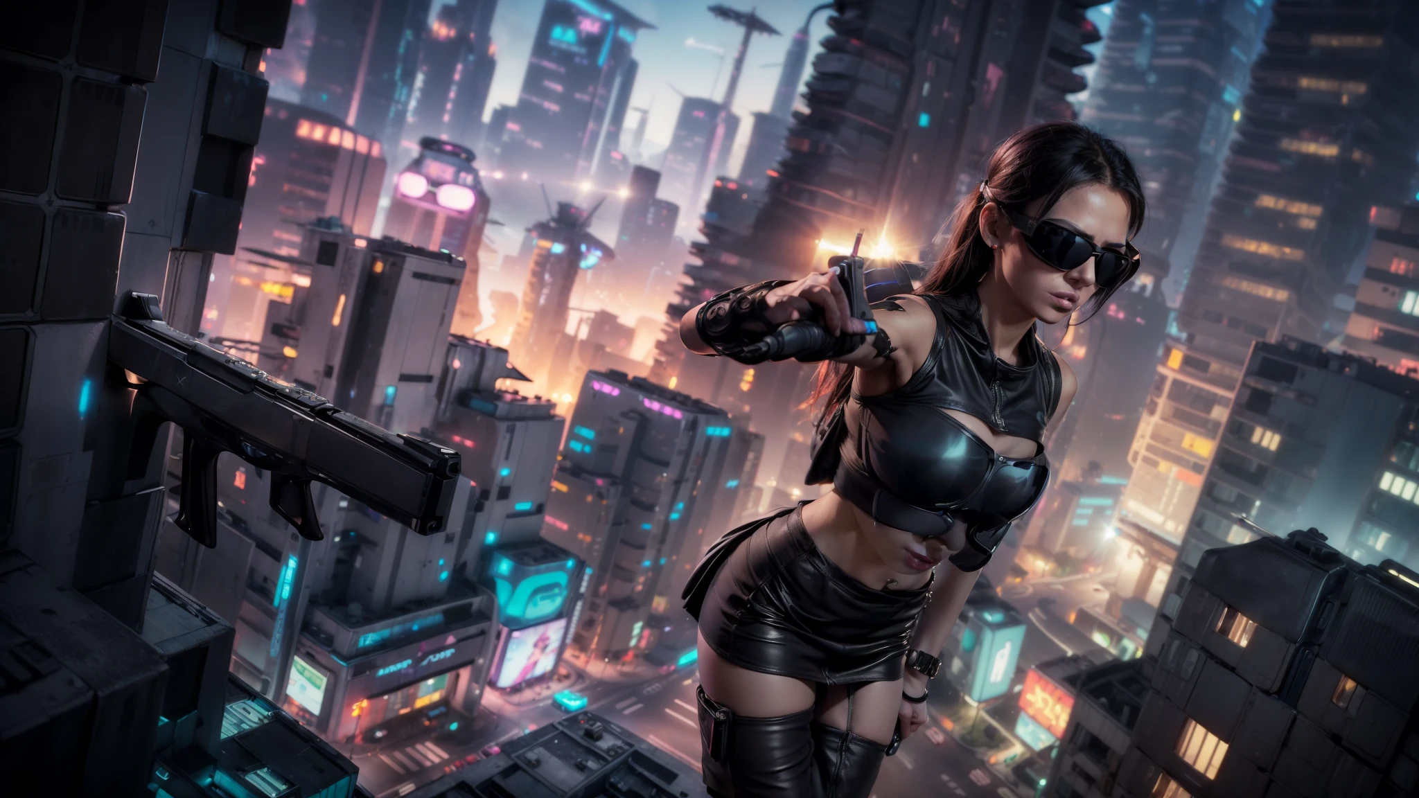 (((aerial view))) of futuristic city, hologram neon buildings, (((futuristic flying cars))) and futuristic cars, Surreal cyberpunk city, in a Future cyberpunk city, 3d rendering Beeple, at night. large-breast photorealistic slim sexy 1woman, solo, (((breast cleavage))), perfect face, tank top, (((((((miniskirt, black sunglasses, pistol shooting pose))))))), standing, leaning forward, (((((half-body thigh level medium shot))))).