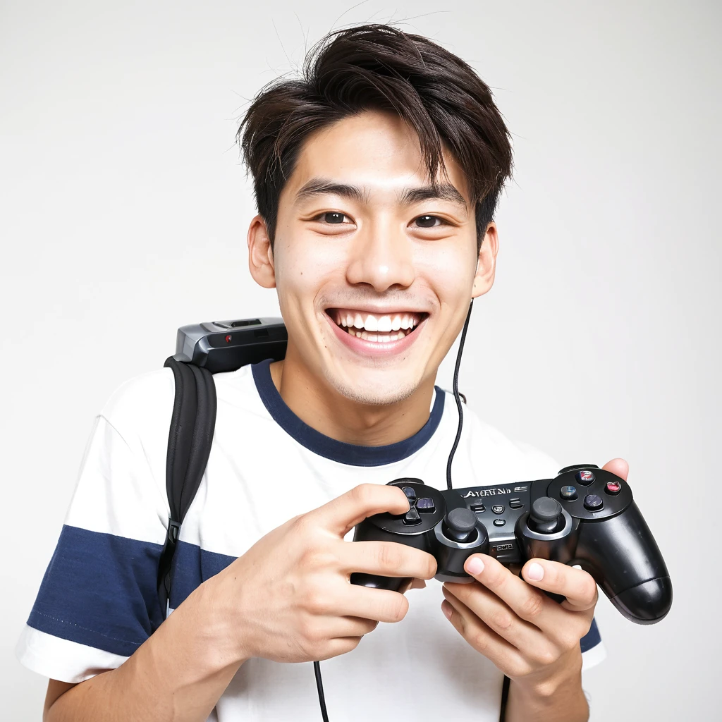 male　youth　university student　Japanese　japanese 　A big smile　holding a game controller in hand　Exciting　looking at the camera　High tension　Wide angle　　White background