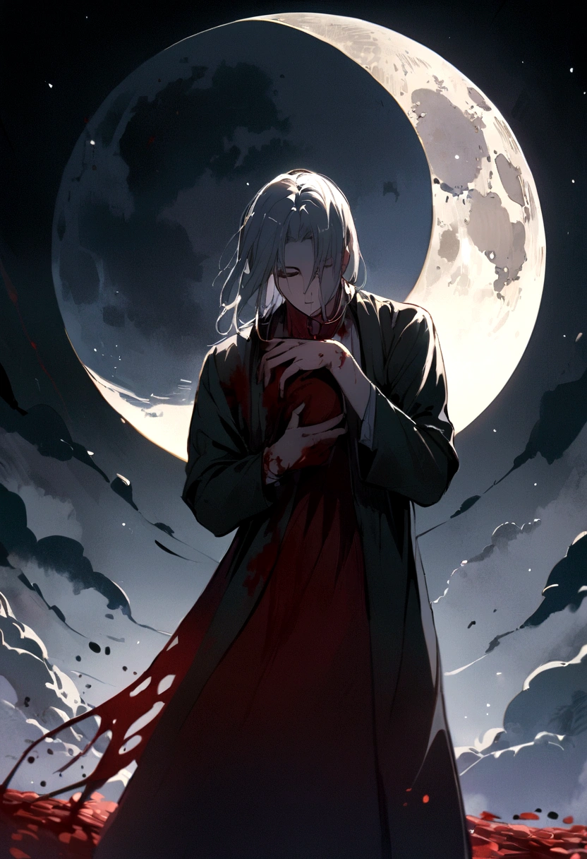 a boy with his hand covered in blood on the other side a girl with her head held high with the moon in the background