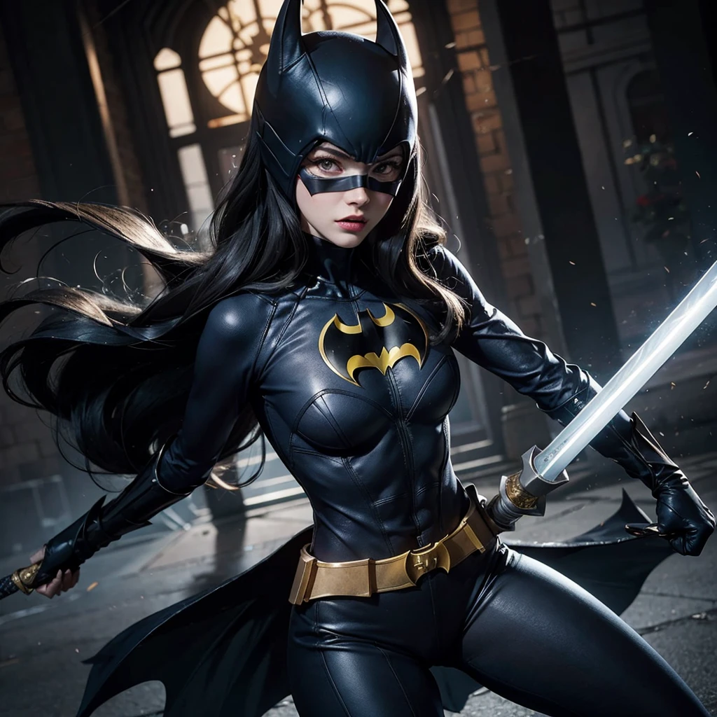 Batgirl with a light sword in her hands