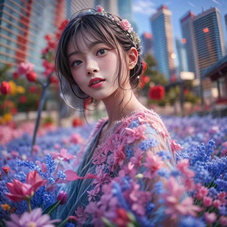 Crimson in RainbowColors,ExtremelyDetailed(ProfessionalPhoto of Girl Floating in the Sky:1.37)ZoomLayer{Stunning|Mystic|GodRays|Haze}, (280th floor infinity pool)，The tallest building in the urban forest, (Masterpiece 8K TopQuality:1.2),  (ExtremelyDetailed NOGIZAKA Face and Eyes:1.37)Elaborate Pupils with (SparklingHighlights:1.28) DoubleEyelids with Voluminous LongEyelashes RosyCheeks (Joyful Expressions LifeLike Rendering)  BREAK   impeccable Radiant PearlSkin with Transparency (Skinny SchoolSwimwear) {(HiddenHand)|((Corrected BabyLike Hand))} FlowerWreath WrappedBody Full of Flowers Covering girl's body {Around bonsai|Luo Han Song|coconut palms|tulips|Rose flower}, {Dazzling RainbowColorHorizon|ColorfulSky|ColorfulClouds|Starly Particles},(extra limbs:-1.4)(Not Detailed Face:-1.4)