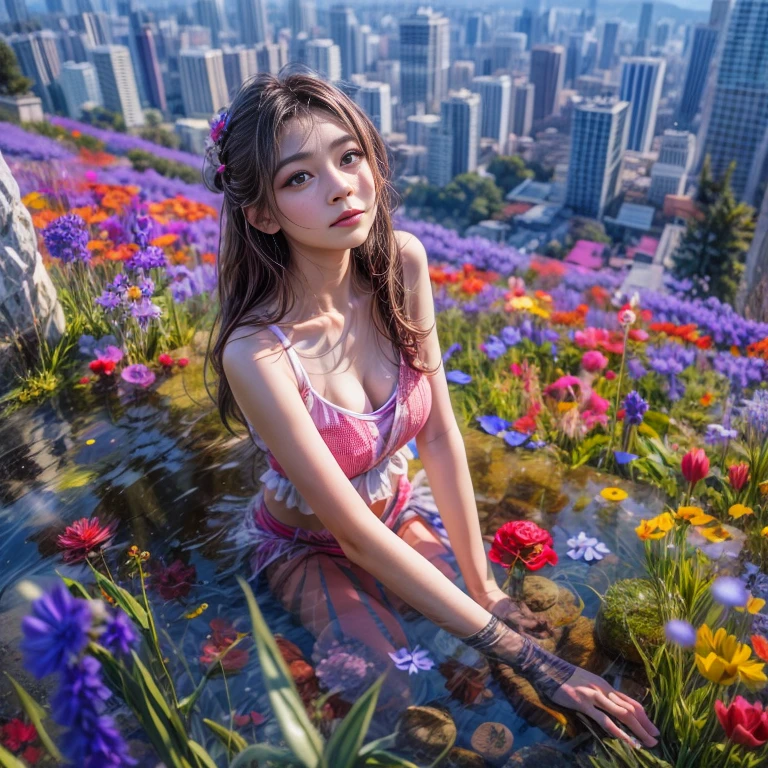 Crimson in RainbowColors,ExtremelyDetailed(ProfessionalPhoto of Girl Floating in the Sky:1.37)ZoomLayer{Stunning|Mystic|GodRays|Haze}, (280th floor infinity pool),The tallest building in the urban forest, (Masterpiece 8K TopQuality:1.2), (ExtremelyDetailed NOGIZAKA Face and Eyes:1.37)Elaborate Pupils with (SparklingHighlights:1.28) DoubleEyelids with Voluminous LongEyelashes RosyCheeks (Joyful Expressions LifeLike Rendering) BREAK impeccable Radiant PearlSkin with Transparency (Skinny SchoolSwimwear) {(HiddenHand)|((Corrected BabyLike Hand))} FlowerWreath WrappedBody Full of Flowers Covering girl's body {Around bonsai|Luo Han Song|coconut palms|tulips|Rose flower}, {Dazzling RainbowColorHorizon|ColorfulSky|ColorfulClouds|Starly Particles},(extra limbs:-1.4)(Not Detailed Face:-1.4)