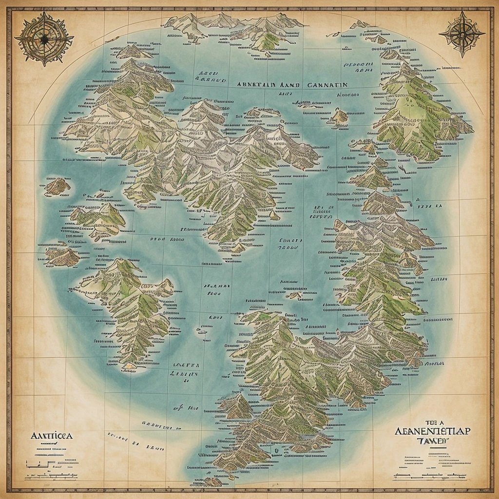 Map of a continent, lands, tree, mountainscape, cities, Japanese, rpg de mesa, fantasy world