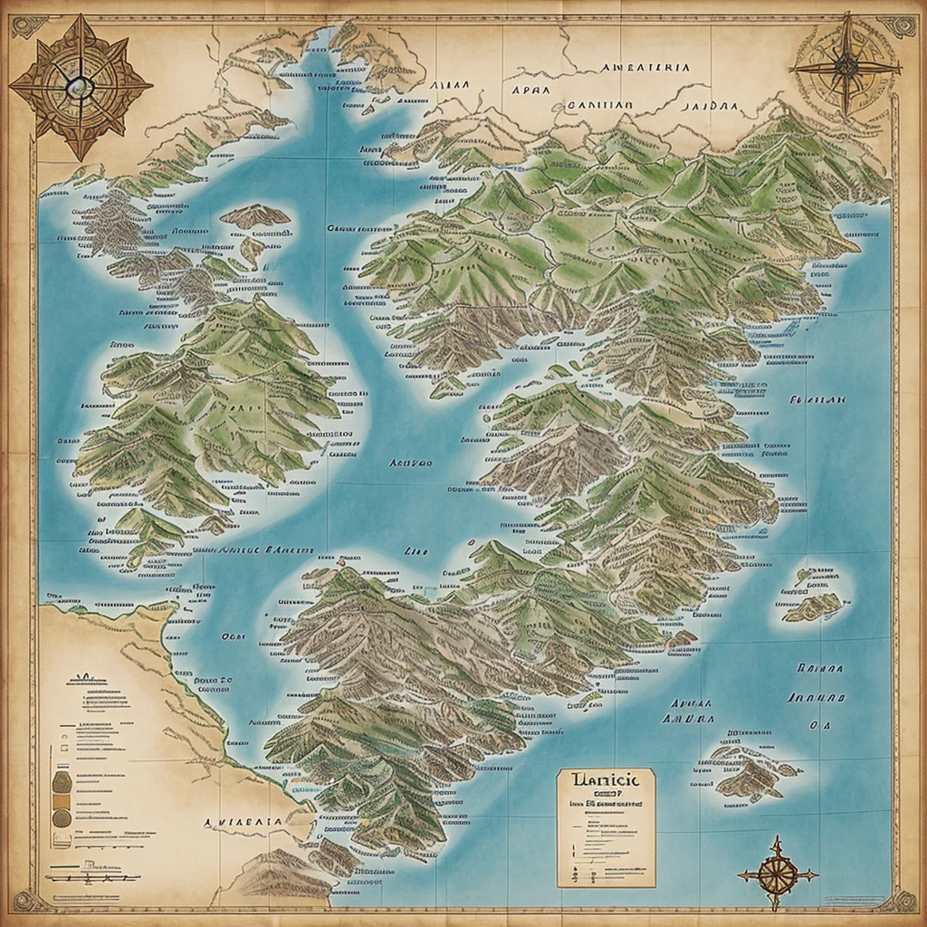 Map of a continent, lands, tree, mountainscape, cities, Japanese, rpg de mesa, fantasy world