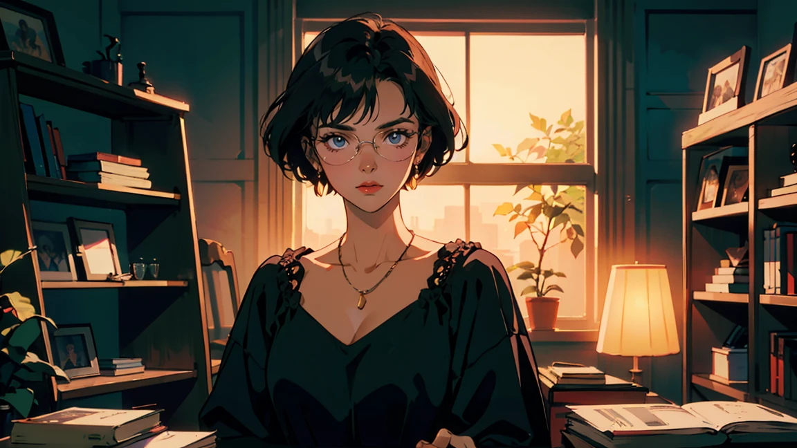 Classic Bookstore, Browse, It has a nice atmosphere, Adult women, Glasses ,Perfect Face, A melancholic look, (Backlight: 1.1), A scene from a movie, Soft Shadows, masterpiece, Highest quality, Complex, Model shooting style, Film Grain, Upshot、Red lipstick