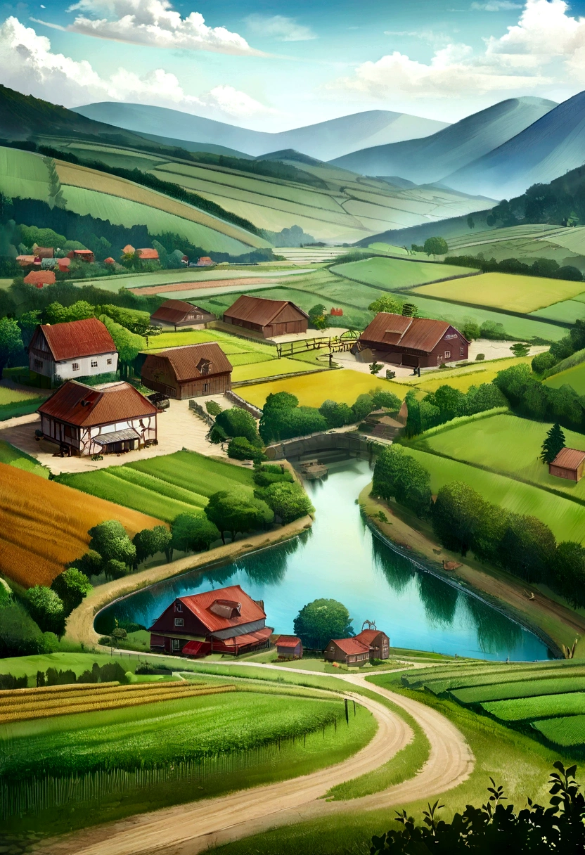 Com a farm americana como pano de fundo, criador de digitalpainting Dai Jin&#39;Illustrations depict an anime-style countryside landscape with pure colors and rich details, que é muito bonito e cheio de artistic sense. The details of the house and lake in the image are rich and realistic, showing the effect of real oil painting, which is awesome. (farm, cena americana, anime rural landscape, digitalpainting, rich details details, oil painting effect, artistic sense)