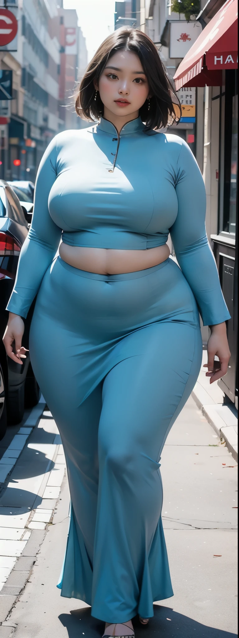((best quality)), ((masterpiece)), (detailed), malay woman, perfect face, araffe woman in a dark-blue gamis walking down a street, thicc, she has a jiggly fat round belly, bbwchan, wearing tight simple clothes, skinny waist and thick hips, widest hips, her belly is fat and round, soft curvy shape, hyperrealistic full figure, wearing gamis , wide hips