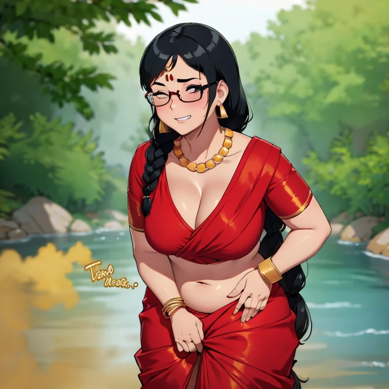 solo, 1female, indian woman, black hair, hair tied in braids, tomboy hair bang, wearing glasses, blushing intensely, sexy body, big plump body, dark skin, clenching teeth, relieved face, one eye closed, soft lips, red saree, wearing red saree, wearing golden necklace and earrings, wearing golden bracelets, bend over, letting out fart, massive fart, yellow smoke rising, hand on tummy, sexy body, bending forward, leaning, hand on stomach, alone by the river