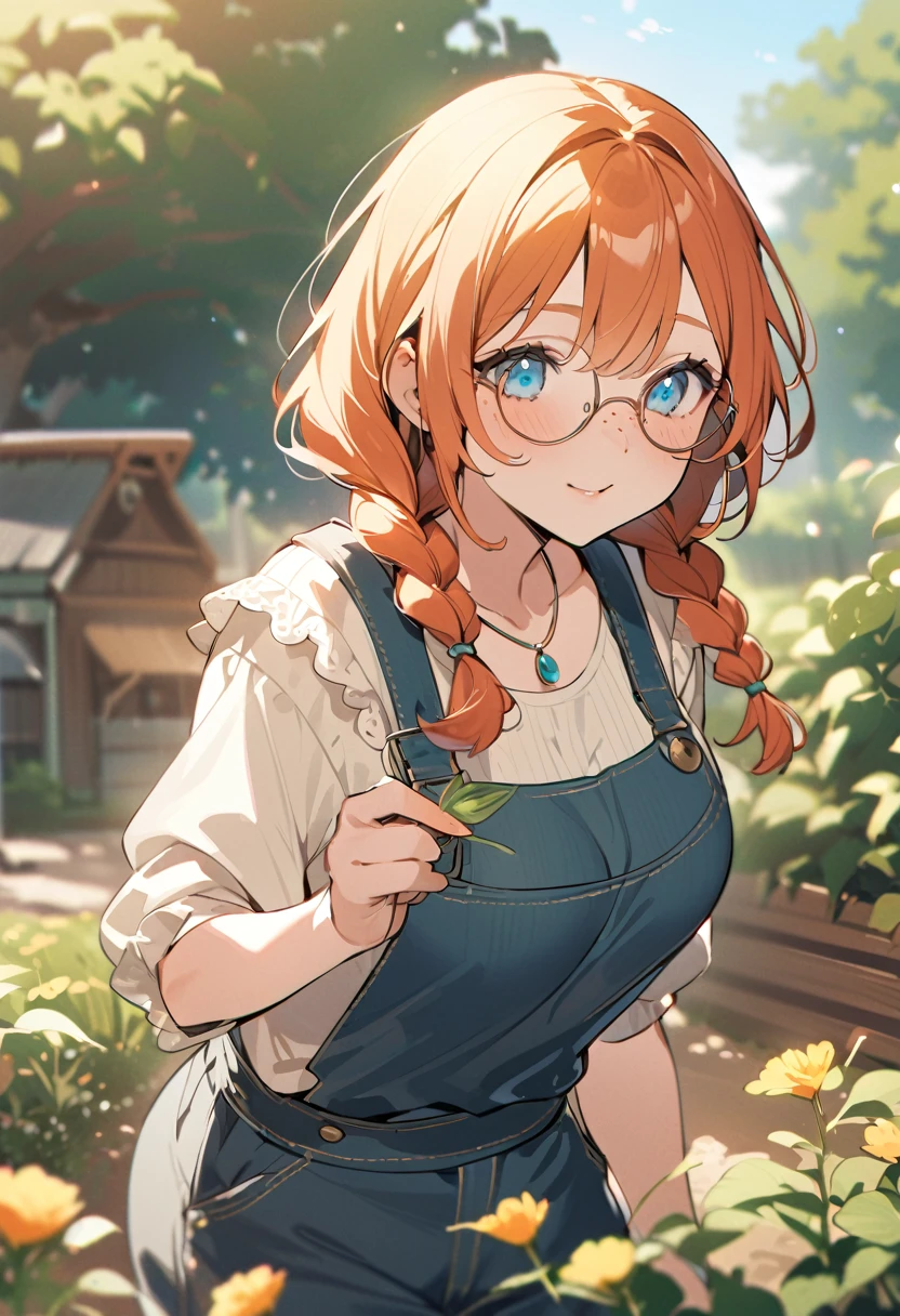 anime animation of a farm woman with blue eyes and orange hair in long twin braids wearing bronze round glasses and a small thin silver necklace with a turquoise stone and overalls with suspenders over a yellow frilly shirt. She has freckled skin and lots of freckles on large breasts and has acne scarred skin planting seeds in a garden.