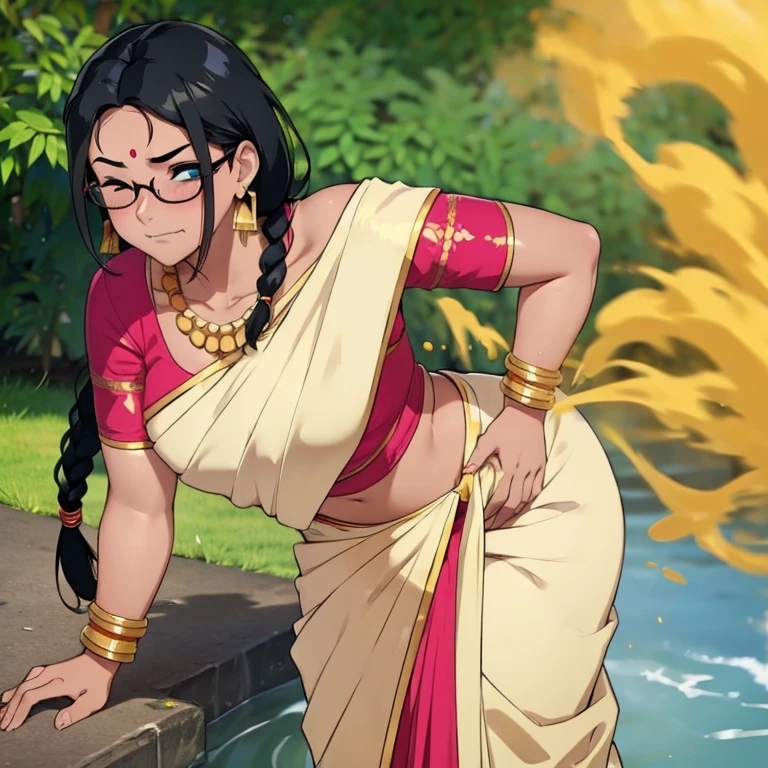 solo, 1female, indian teenage girl, black hair, hair tied in braids, tomboy hair bang, wearing glasses, blushing intensely, skinny body, dark skin, clenching teeth, relieved face, one eye closed, soft lips, pink saree, wearing golden necklace and earrings, wearing golden bracelets, bend over, letting out fart, massive fart, yellow smoke rising, hand on tummy, sexy body, bending forward, leaning, hand on stomach, alone by the river