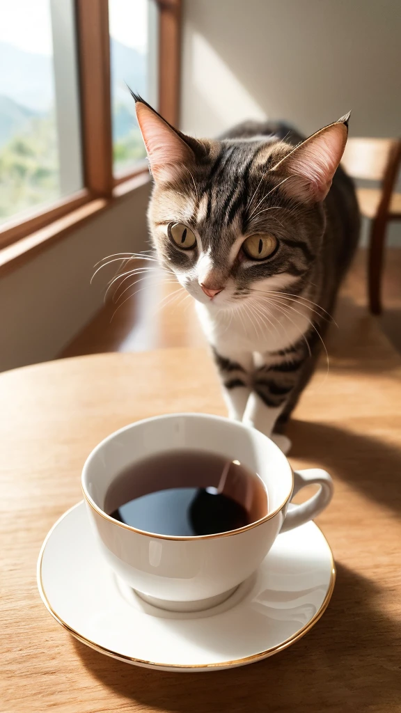 Cat, (Himalayas), (small)))), In the teacup, Face, Front paws extended, 8K, Professional photos, Beautifully, Clear, on the table, Inside the house, Sunlight, Light Leakage, masterpiece, ((beautiful))), Fashion tea cup, (Reality), Plush Toys, Round pupil