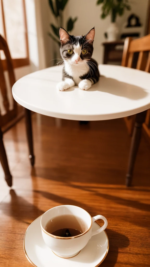 Cat, (Himalayas), (small)))), In the teacup, Face, Front paws extended, 8K, Professional photos, Beautifully, Clear, on the table, Inside the house, Sunlight, Light Leakage, masterpiece, ((beautiful))), Fashion tea cup, (Reality), Plush Toys, Round pupil