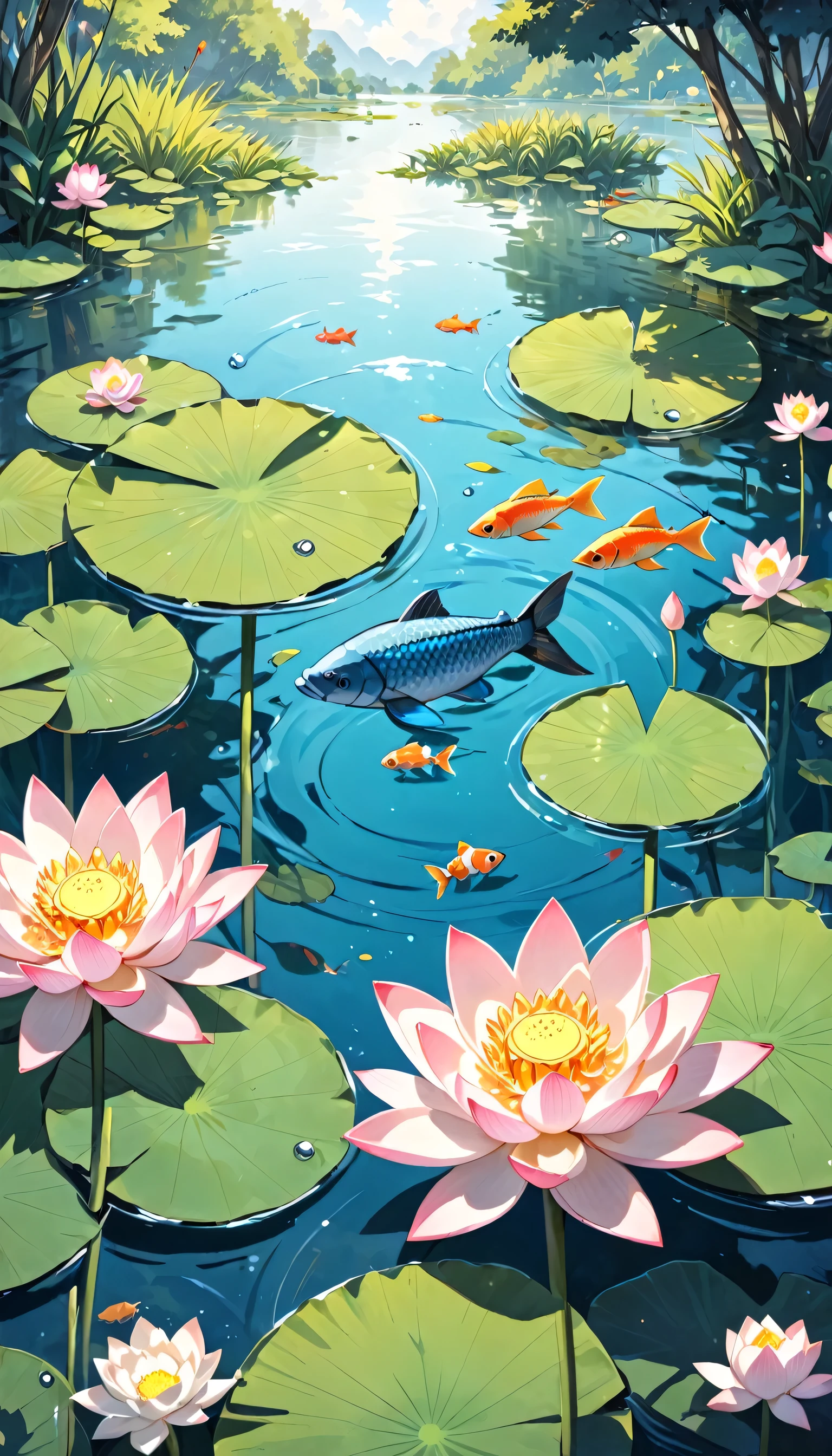 Close-up of a poster，Lotus，A fish in the pond，Willow