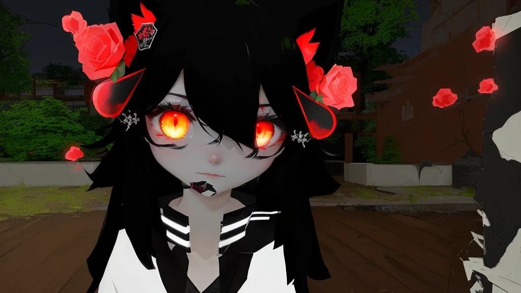 anime character with black hair and red roses in her hair, gapmoe yandere grimdark, com eerie glowing red eyes, with eerie glowing red eyes, cat - like scarlet eyes, vrchat, black hair black cat ears, anime girl with cat ears, with glowing eyes, metal cat ears and glowing eyes, gapmoe yandere, eerie glowing red eyes, red eyes glowing