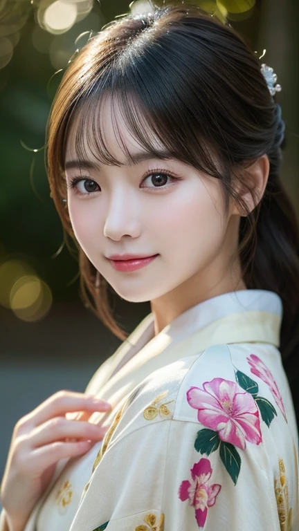 (kimono)、(Highest quality、8K、High resolution、masterpiece:1.2)、Very detailed、(Realistic、photoRealistic、photo-Realistic:1.3)、Bokeh、Portraiture、smile、(Beautiful and detailed、Young Face、Detailed face、No makeup)、A little backlight、Written boundary depth、chromatic aberration、Use natural light and color、Wide range of lighting、Natural Shading、Caustics