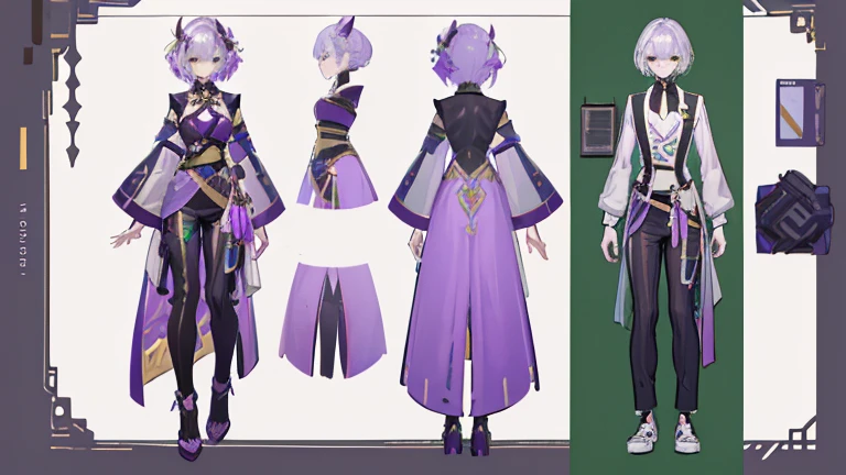 (Masterpiece, best quality), detailed, 1 woman, ((character concept art)), ((character design sheet, same character, front, side, back)), full body, body complete, 1 female, 1 women. Detailed face, character design sheet full body, Highly detailed, character sheet, character design, Many parts, pale skin, green eyes, short purple hair, lavender flower reference, lavender flower character reference, lavender flower inspired, male clothes, pants, flat chest, Solarpunk, Solarpunk reference, Solarpunk based outfit, pants, green, white, dark gray, gold.