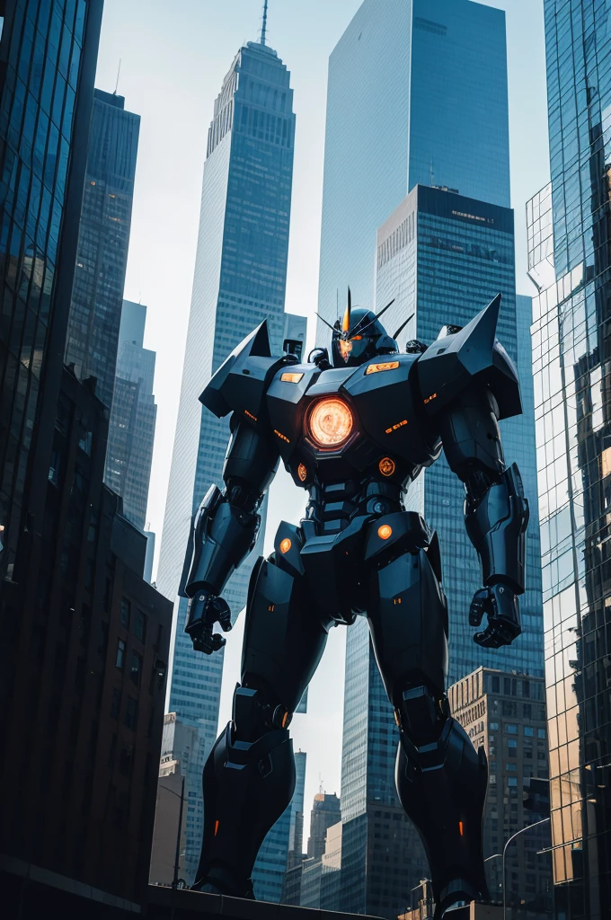 Giant black mecha walking between the buildings of New York with its reflection in the glass windows view on the left side focusing on the upper part of the chest