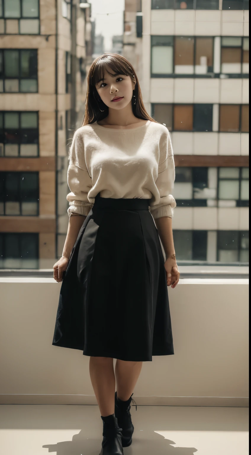 (Tabletop,high quality:1.3),(Written boundary depth:1.3) ,((Front body:1.35)),  Japanese ,woman, Natural Makeup ,Standard height,(woman用ビジネスブラックスーツ、Midi skirt in black:1.2),Huge breasts, Huge breasts, chic, Curvy,(View your audience:1.3),(whole body:1.2),Office window