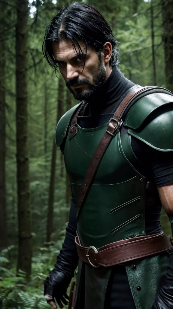 Italian man, age 38, black hair , olhos verdes esmeralda , fine nose, brawny, with sinister black armor, holding a longsword, in a gloomy forest under the red moon