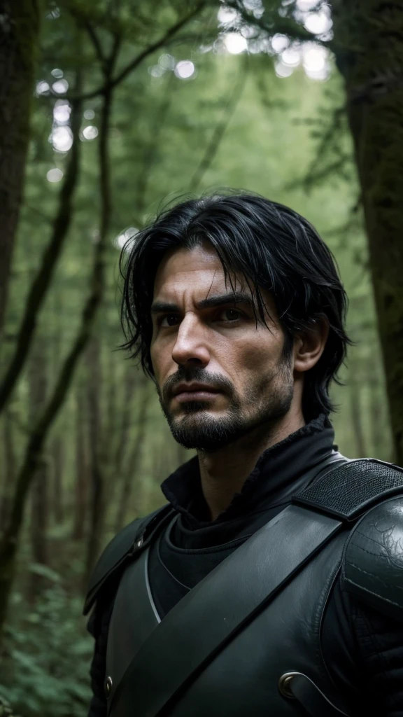 Italian man, age 38, black hair , olhos verdes esmeralda , fine nose, brawny, with sinister black armor, holding a longsword, in a gloomy forest under the red moon