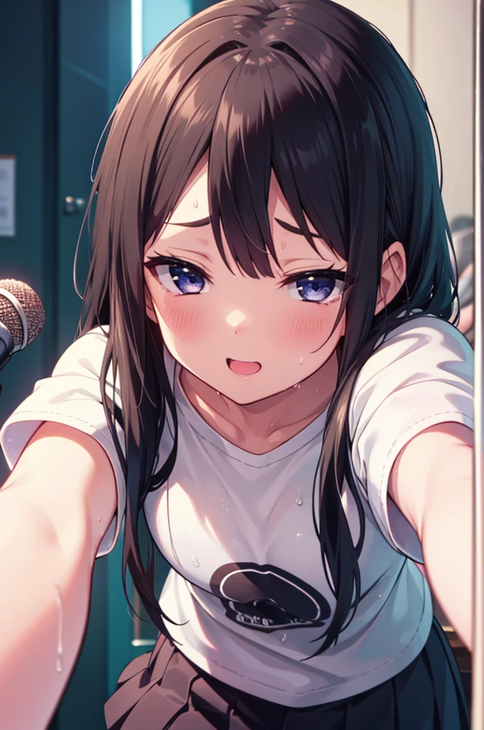 mioakiyama, My Akiyama, Long Hair, bangs, Black Hair, (Iris:1.3), Hime cut,smile,Open your mouth,Wet clothes,Sweat,飛び散ったSweat,Happy atmosphere,Black T-shirt,Short sleeve,Black pleated skirt,Black high socks,Brown loafers,Playing left-handed bass,Stand microphone,Stand microphoneの前で左手用ベースを弾きながら歌っている,whole bodyがイラストに入るように,
break indoors, Live Performance Venues,stage,
break looking at viewer, whole body,
break (masterpiece:1.2), Highest quality, High resolution, unity 8k wallpaper, (figure:0.8), (Beautiful attention to detail:1.6), Highly detailed face, Perfect lighting, Highly detailed CG, (Perfect hands, Perfect Anatomy),