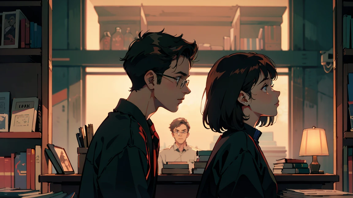 Classic Bookstore, Looking for a book, It has a nice atmosphere, Adult women, Profile of glasses ,Perfect Face, A melancholic look, (Backlight: 1.1), A scene from a movie, Soft Shadows, masterpiece, Highest quality, Complex, Model shooting style, Film Grain, Side Shot、Red lipstick