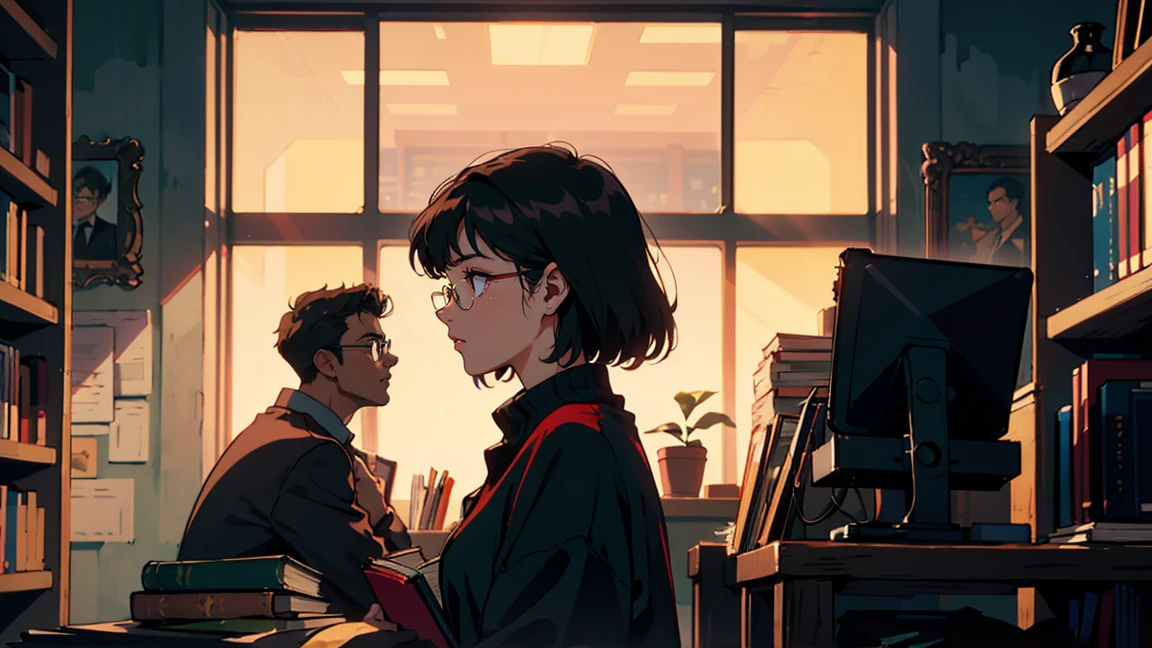 Classic Bookstore, Looking for a book, It has a nice atmosphere, Adult women, Profile of glasses ,Perfect Face, A melancholic look, (Backlight: 1.1), A scene from a movie, Soft Shadows, masterpiece, Highest quality, Complex, Model shooting style, Film Grain, Side Shot、Red lipstick