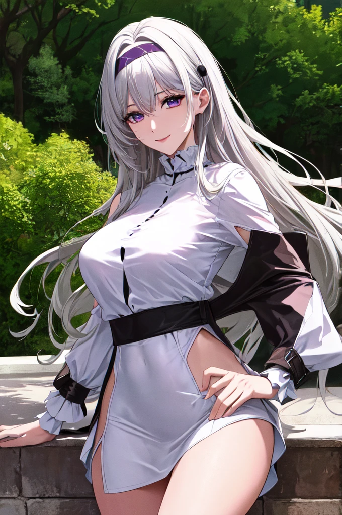 Top quality、masterpiece、Very high resolution、Ultra-high quality、High quality pixels)、Perfect eyes, Perfect face, Perfect body,Solitary,8K, Large Breasts,(Detailed description of hair), (Detailed description of the face),(Body detailed description), Fair skin, gorgeous, Long legs, Expressing gray hair details, detailed purple eyes, Headband, (High Neck White Shirt:1.2), (Black tight hip skirt:1.2), Over the knee boots, pavement, Gentle smile