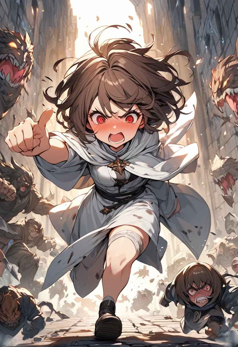 Adult female, average height, very short brown hair, red eyes, cleric, black on white cleric robes, blushing, angry, tsundere, yelling, fantasy dungeon in the dark, running from monsters, highly detailed, high quality, perfect eyes, perfect face, dirty, cuts, alone