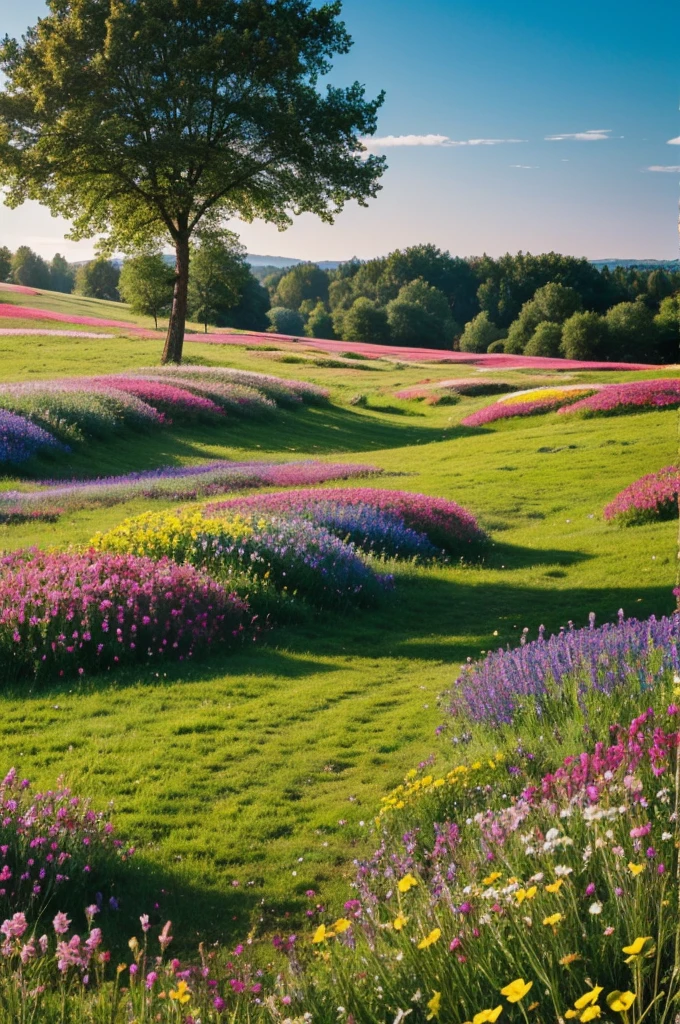 Meadow full of colorful flowers with a tree