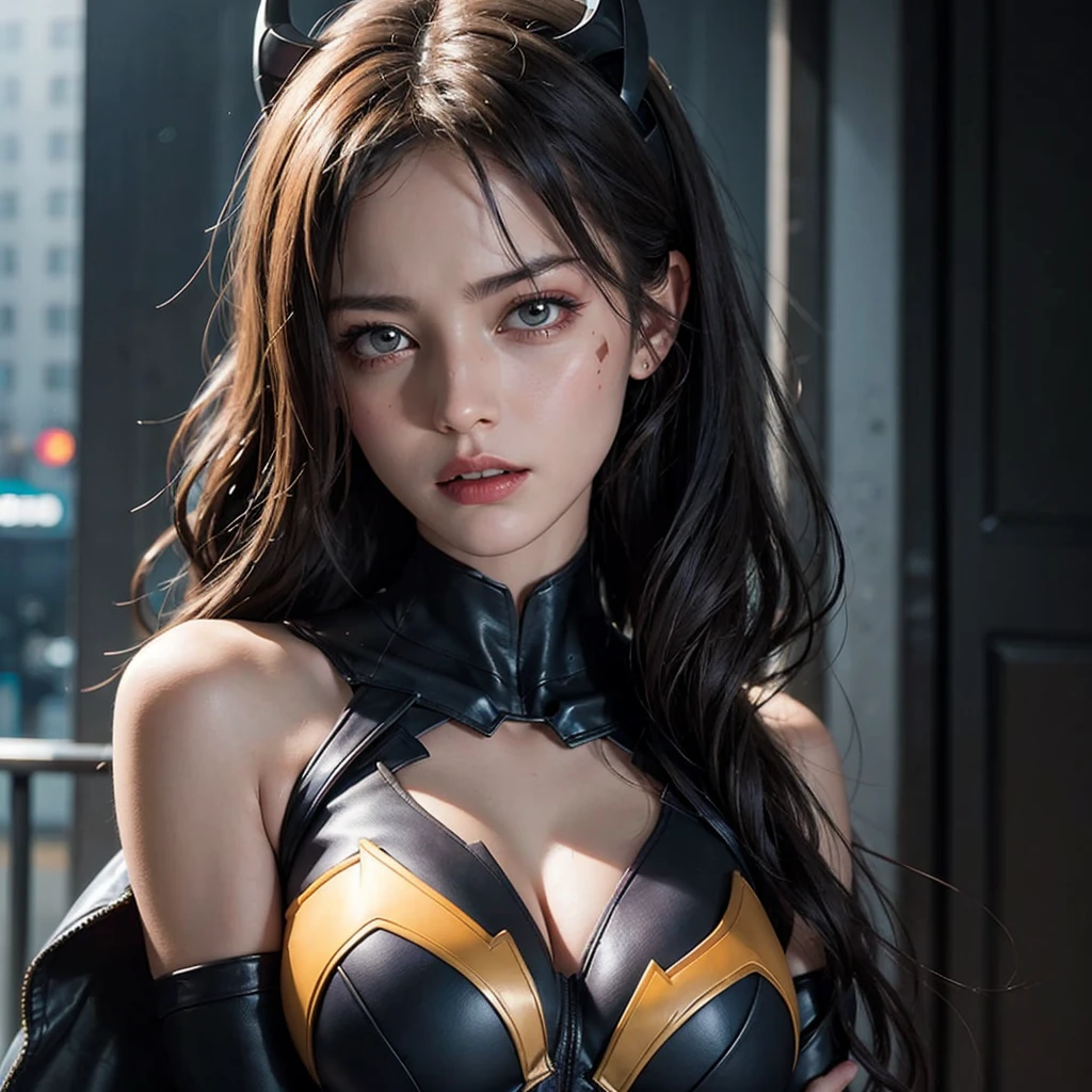 Very realistic Batgirl , bruised on the face holding an injured in her arms