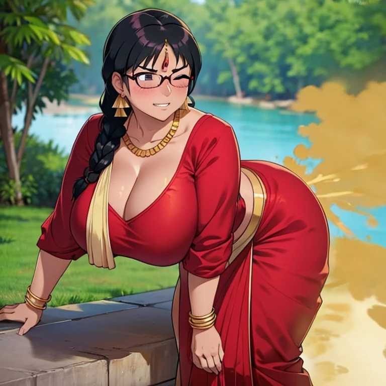 solo, 1female, indian woman, black hair, hair tied in braids, tomboy hair bang, wearing glasses, blushing intensely, sexy body, big plump body, dark skin, clenching teeth, relieved face, one eye closed, soft lips, red saree, wearing red saree, wearing golden necklace and earrings, wearing golden bracelets, bend over, letting out fart, massive fart, yellow smoke rising, hand on tummy, sexy body, bending forward, leaning, hand on stomach, alone by the river