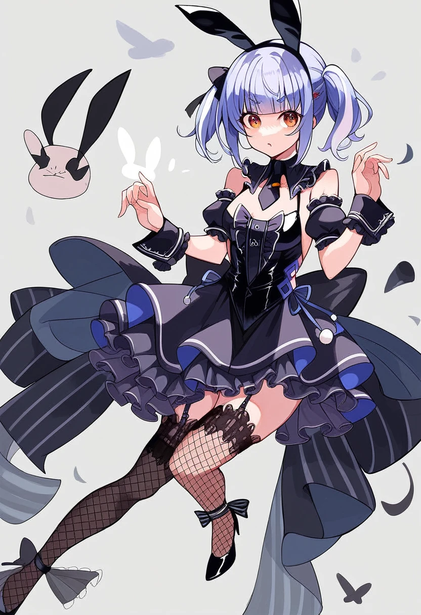 usada pekora bunnydress, official alternate costume, fake animal ears, garter straps, fishnet thighhighs, black thighhighs, black dress, detached sleeves, puffy short sleeves, playboy bunny, detached collar, frills, shiny clothes, black footwear, high heels