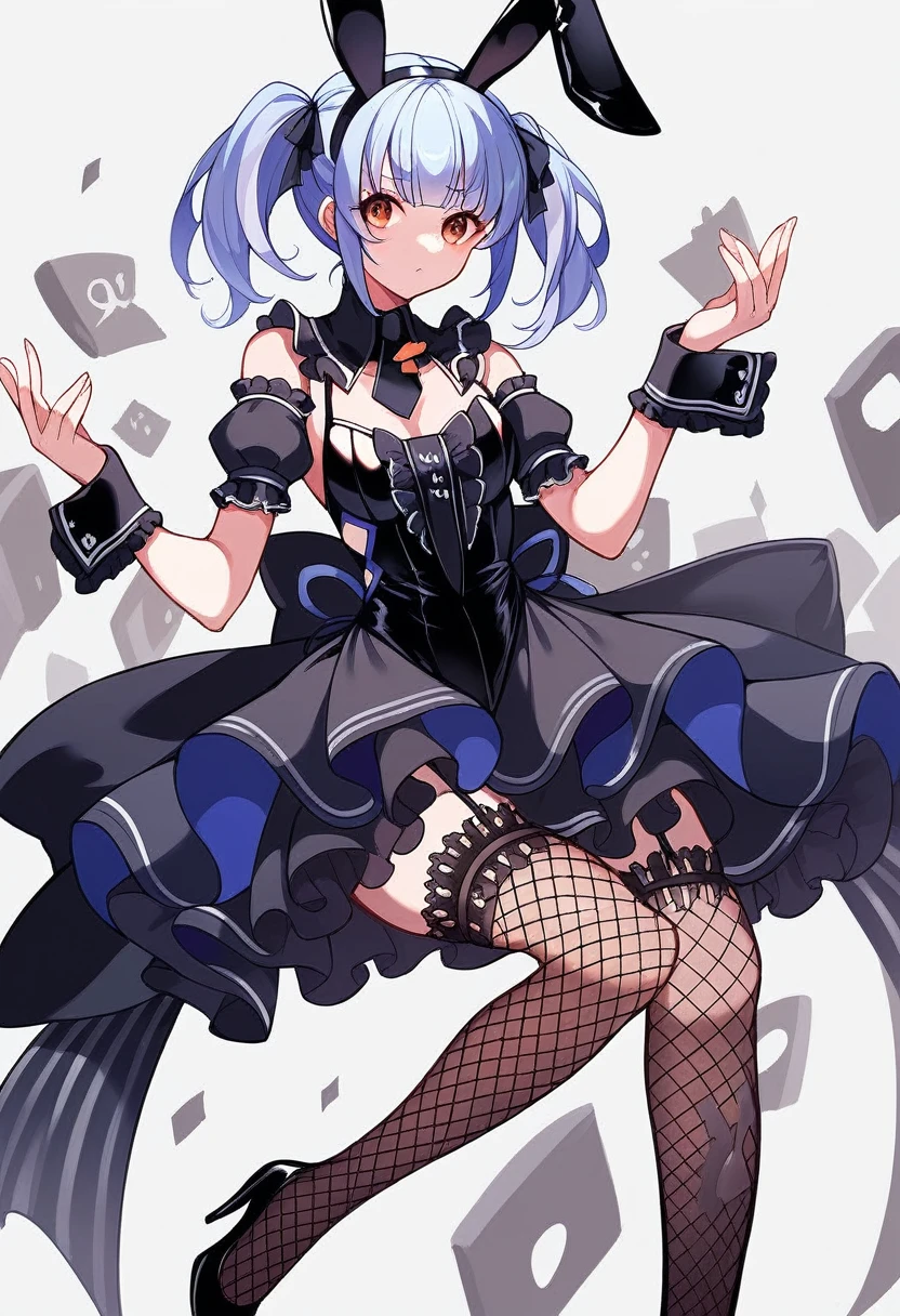 usada pekora bunnydress, official alternate costume, fake animal ears, garter straps, fishnet thighhighs, black thighhighs, black dress, detached sleeves, puffy short sleeves, playboy bunny, detached collar, frills, shiny clothes, black footwear, high heels