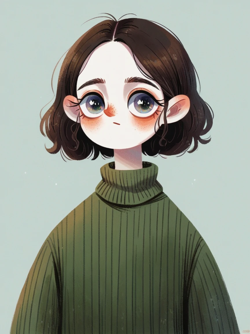 score_9, score_8_up, score_7_up, score_6_up,   r3dn0s3, solo, 11 ??? girl, white skin, dark brown hair and eyes, simple background, green striped sweater