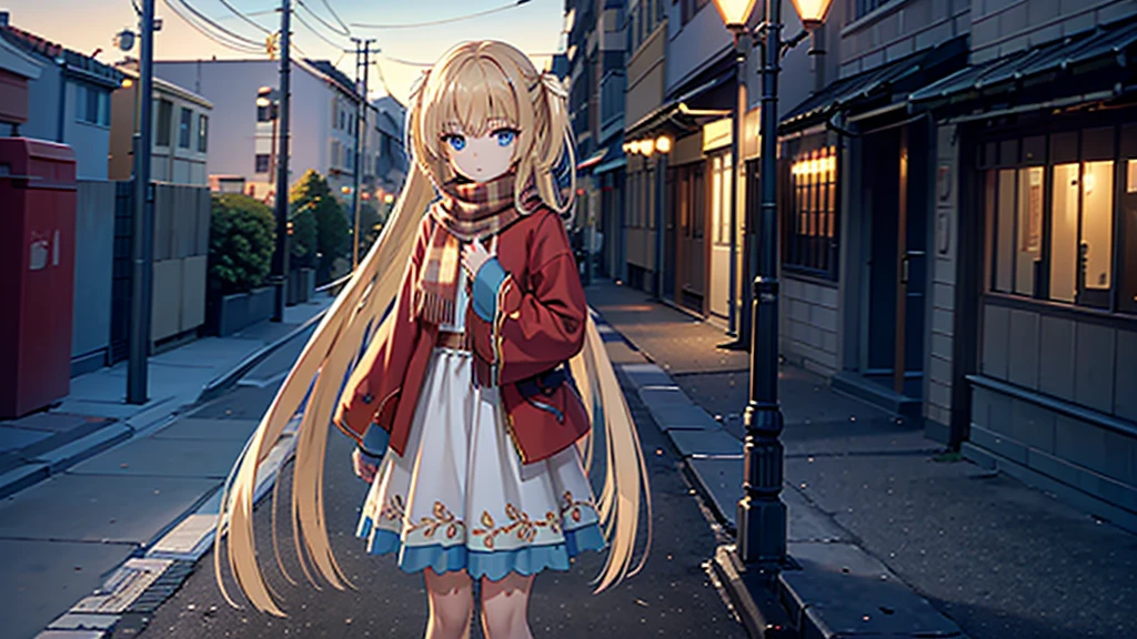 ((masterpiece)),(best quality),Official Art,Extremely detailed CG,Unity 8K wallpaper,Very detailed,Beautiful and delicate eyes,Extremely detailed face,1 girl,solitary,,(whole body:1.5),(small:1.3),,autumn,,Wear a long red silk scarf,Red Jacket,Walking in the street,Getchu Beautiful Girl Game Awards 2023 Magazine Cover,Amber dusk like sugar in a beautiful distance,The cold air and glass are very transparent in the early morning