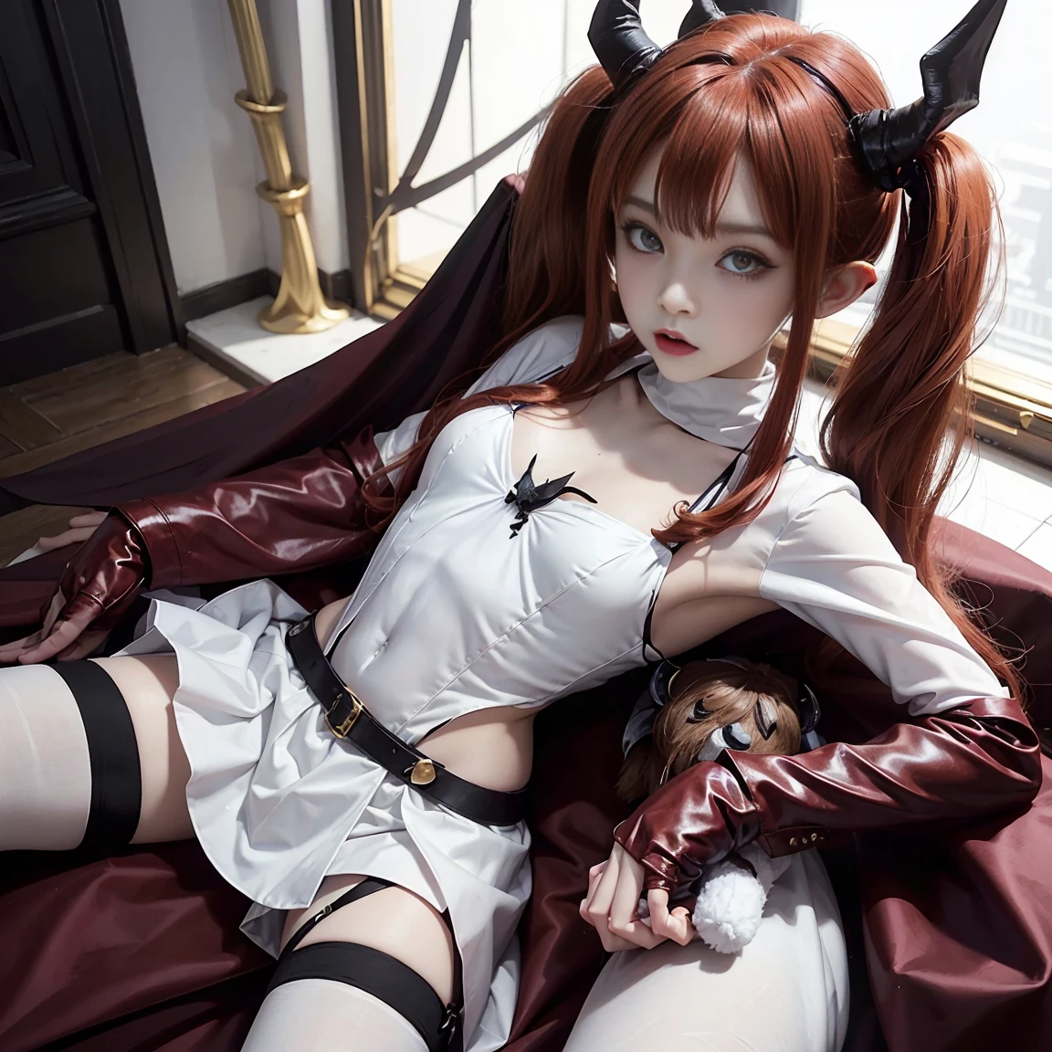 masterpiece, best quality, 1girl, solo, yellow eyes, red hair, small breast, demon girl, demon tail, demon wings, small demon horns, pointy ears, (small breast), (flat chest), twintails, bat hair ornament, cape, white shirt, white legwear, stuffed toy, stuffed animal toy, beret, gloves, bangs, hat