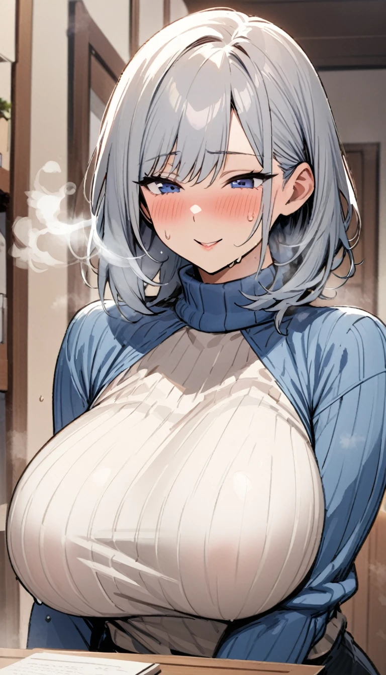 /(Modern house interior/), Only one woman, Mature Woman, /(blue ribbed Sweater/), bangs, A gentle, blushing smile, (Masterpiece Top quality:1.2) Delicate illustrations, Very detailed, Large Breasts、((Sweat,vapor,Vulgarity))、Tight sweater