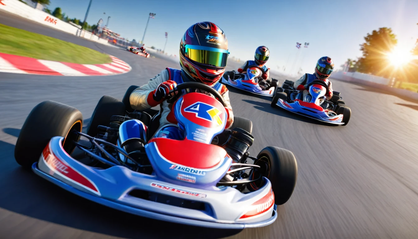 Professional kart racing, cinematic lighting, ray tracing, lens flare, multiple views, from above, wide shot, close-up, UHD, retina, accurate, textured skin, super detail, high details, high quality, highres, 4K