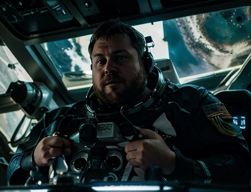 Close UP of intergalactic ship using thrusters to reach the speed of light in the universe ,The captain of the astronauts is a plump, chubby man, extremely thick thighs, a large belly, fat. Passing inside the spaceship laboratory , he checks an analysis under the microscope. His arms are holding digital analysis devices. He wears a spacesuit. A humanoid creature similar to a lizard and fish talks to the astronaut.An astronauts back infront of a colossal ship in space.