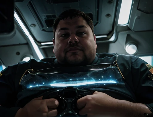 Close UP of intergalactic ship using thrusters to reach the speed of light in the universe ,The captain of the astronauts is a plump, chubby man, extremely thick thighs, a large belly, fat. Passing inside the spaceship laboratory , he checks an analysis under the microscope. His arms are holding digital analysis devices. He wears a spacesuit. A humanoid creature similar to a lizard and fish talks to the astronaut.An astronauts back infront of a colossal ship in space.