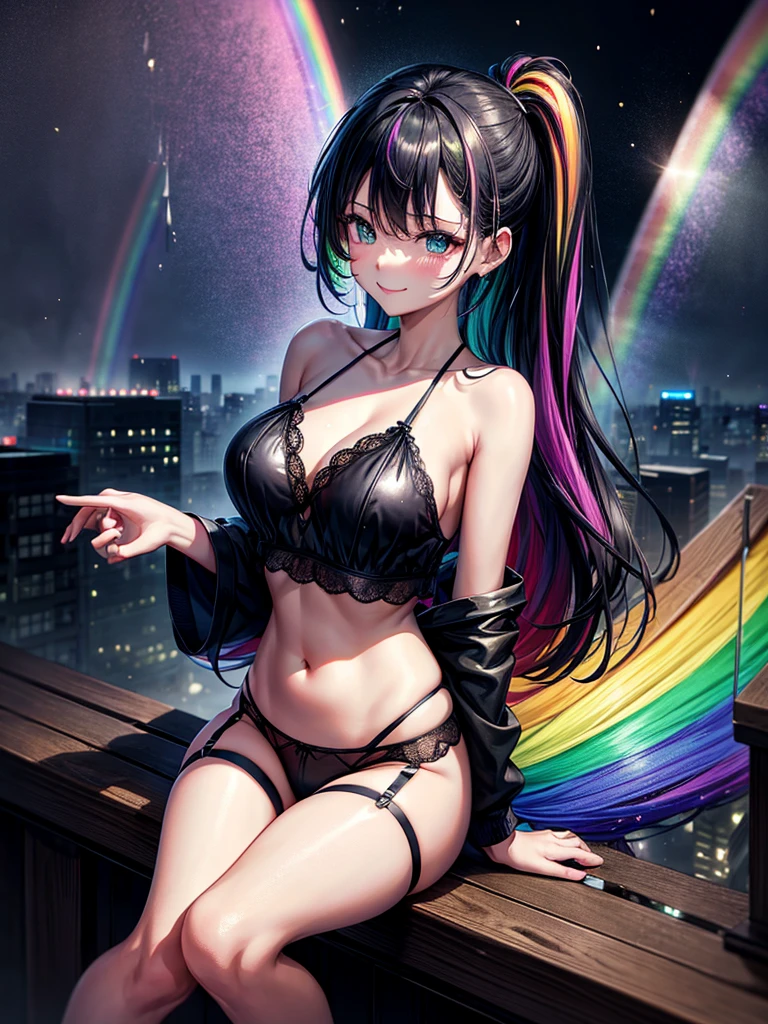 Highest quality,Highest Resolution,4K quality,寝室で大きな窓の外の都市の豪rainの夜景を眺めるRainbow((Rainbow colors))Underwear姿のsmileの女性の横顔,Jet black ponytail,Dark room,Sexy Lingerie,Many water drops on the window,garter belt,High leg,Rainbow((Rainbow colors))Underwear,Knee-high stockings,rain,豪rain,雷rain,smile,Landscape,Colorful eyes,